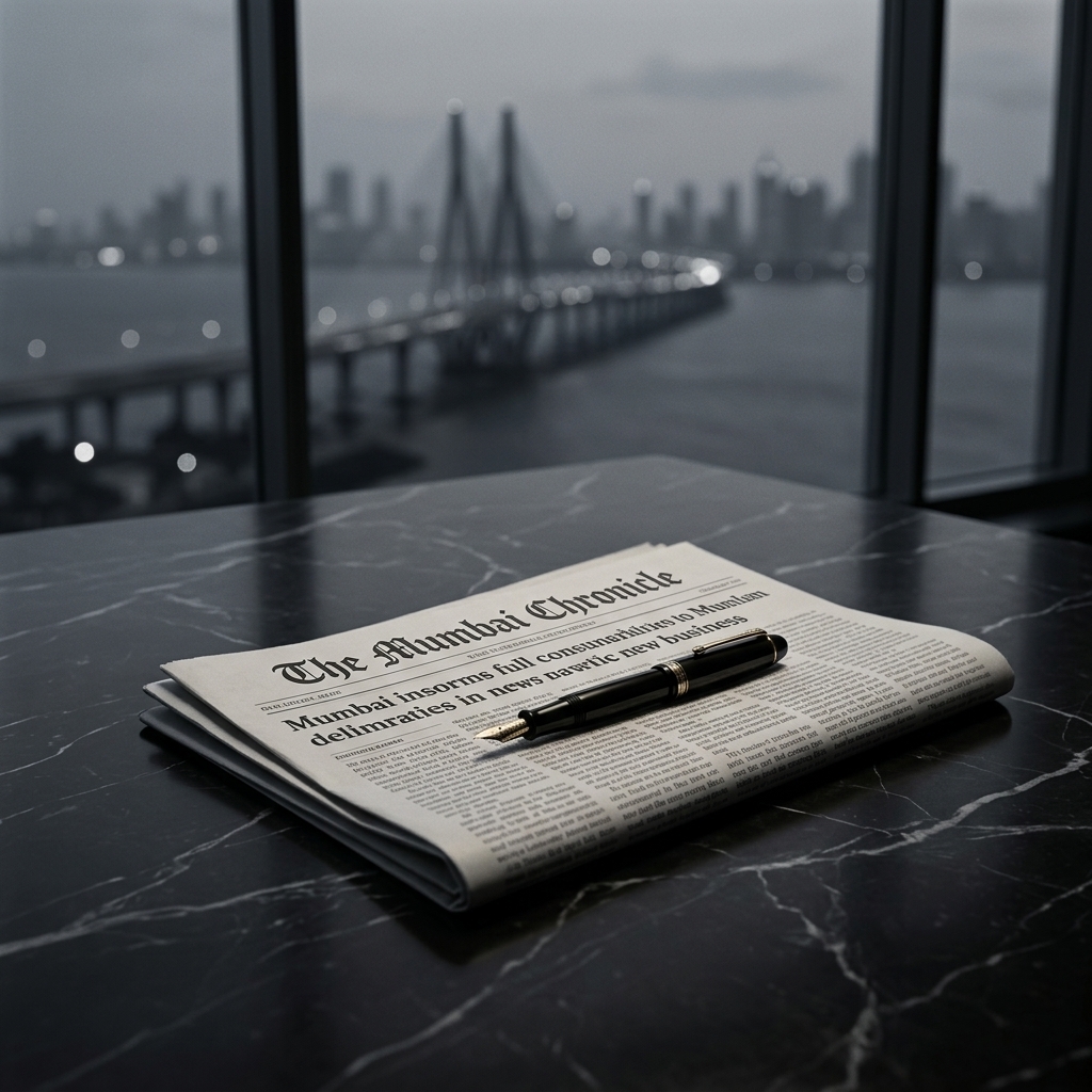 Mumbai Chronicle newspaper and fountain pen overlooking South Mumbai skyline at dusk